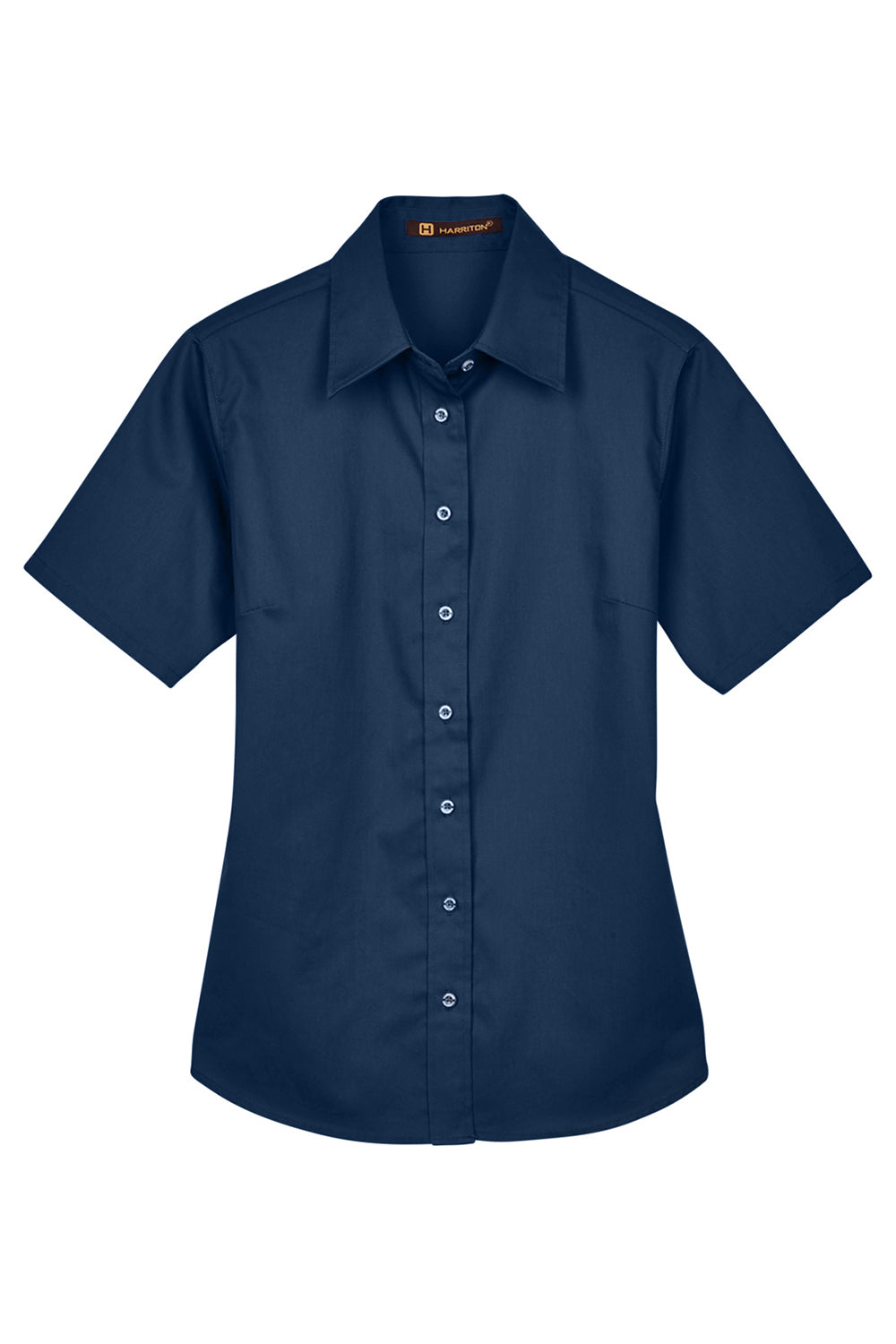 Harriton M500SW Womens Wrinkle Resistant Short Sleeve Button Down Shirt Navy Blue Flat Front