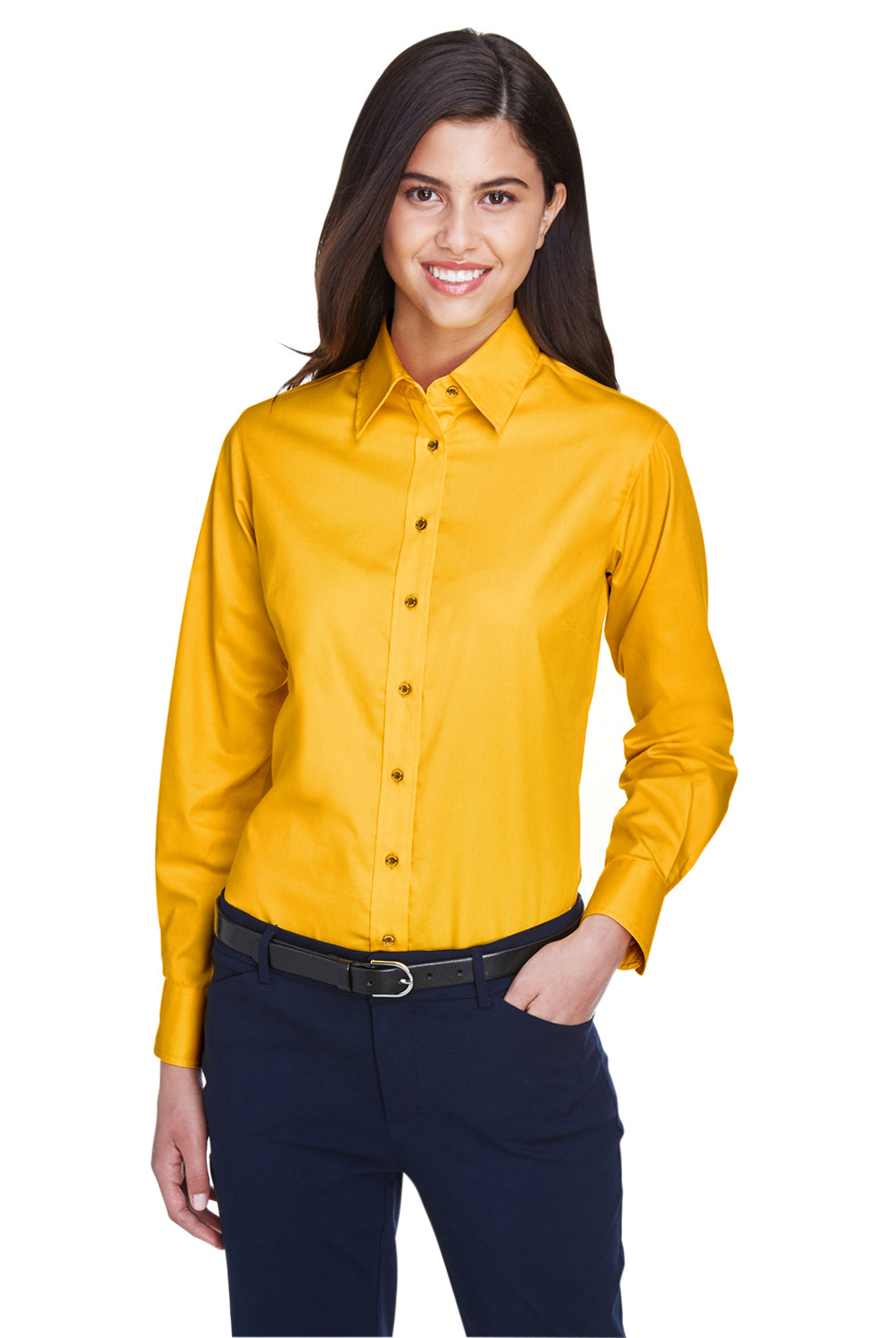 Harriton M500W Womens Wrinkle Resistant Long Sleeve Button Down Shirt Sunray Yellow Model Front