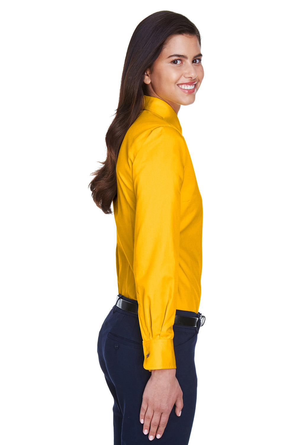 Harriton M500W Womens Wrinkle Resistant Long Sleeve Button Down Shirt Sunray Yellow Model Side