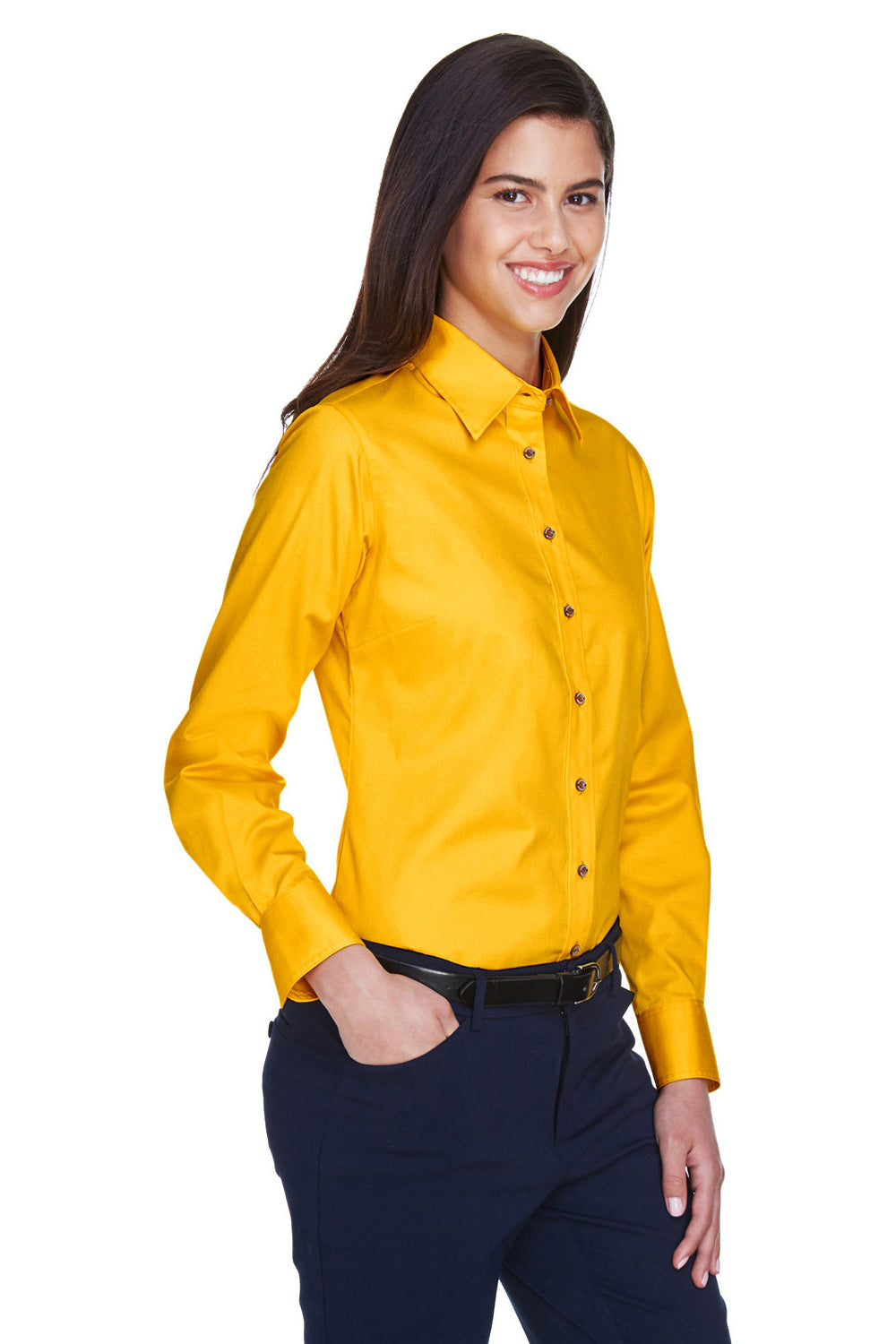 Harriton M500W Womens Wrinkle Resistant Long Sleeve Button Down Shirt Sunray Yellow Model 3q