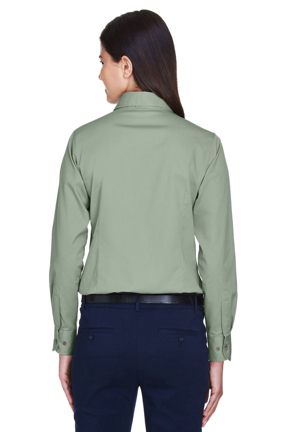 Harriton M500W Womens Wrinkle Resistant Long Sleeve Button Down Shirt Dill Green Model Back