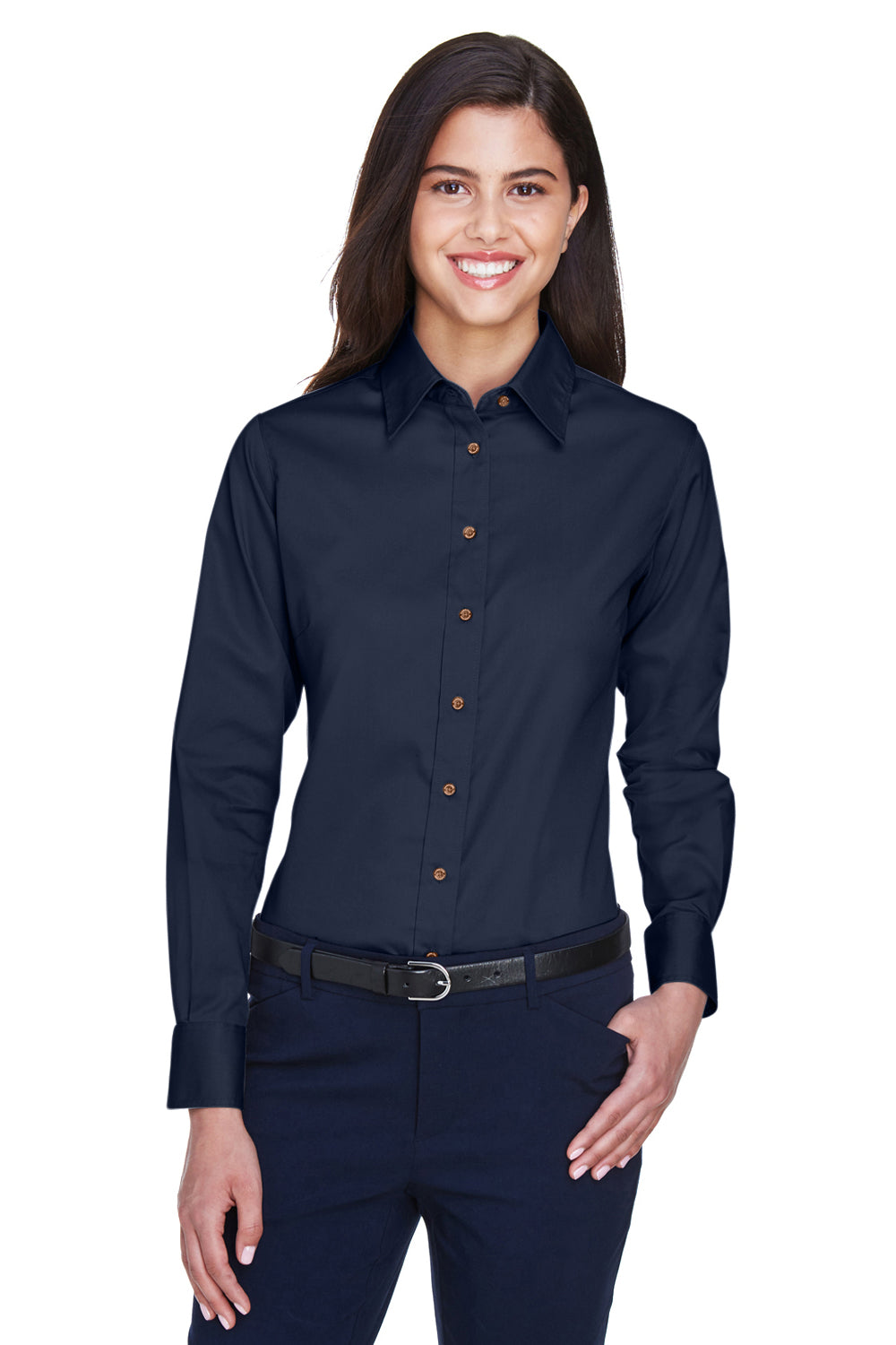 Harriton M500W Womens Wrinkle Resistant Long Sleeve Button Down Shirt Navy Blue Model Front