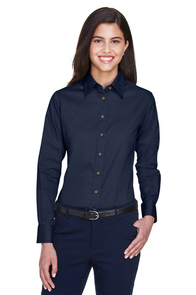 Harriton M500W Womens Wrinkle Resistant Long Sleeve Button Down Shirt Navy Blue Model Front