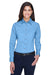 Harriton M500W Womens Wrinkle Resistant Long Sleeve Button Down Shirt Light College Blue Model Front