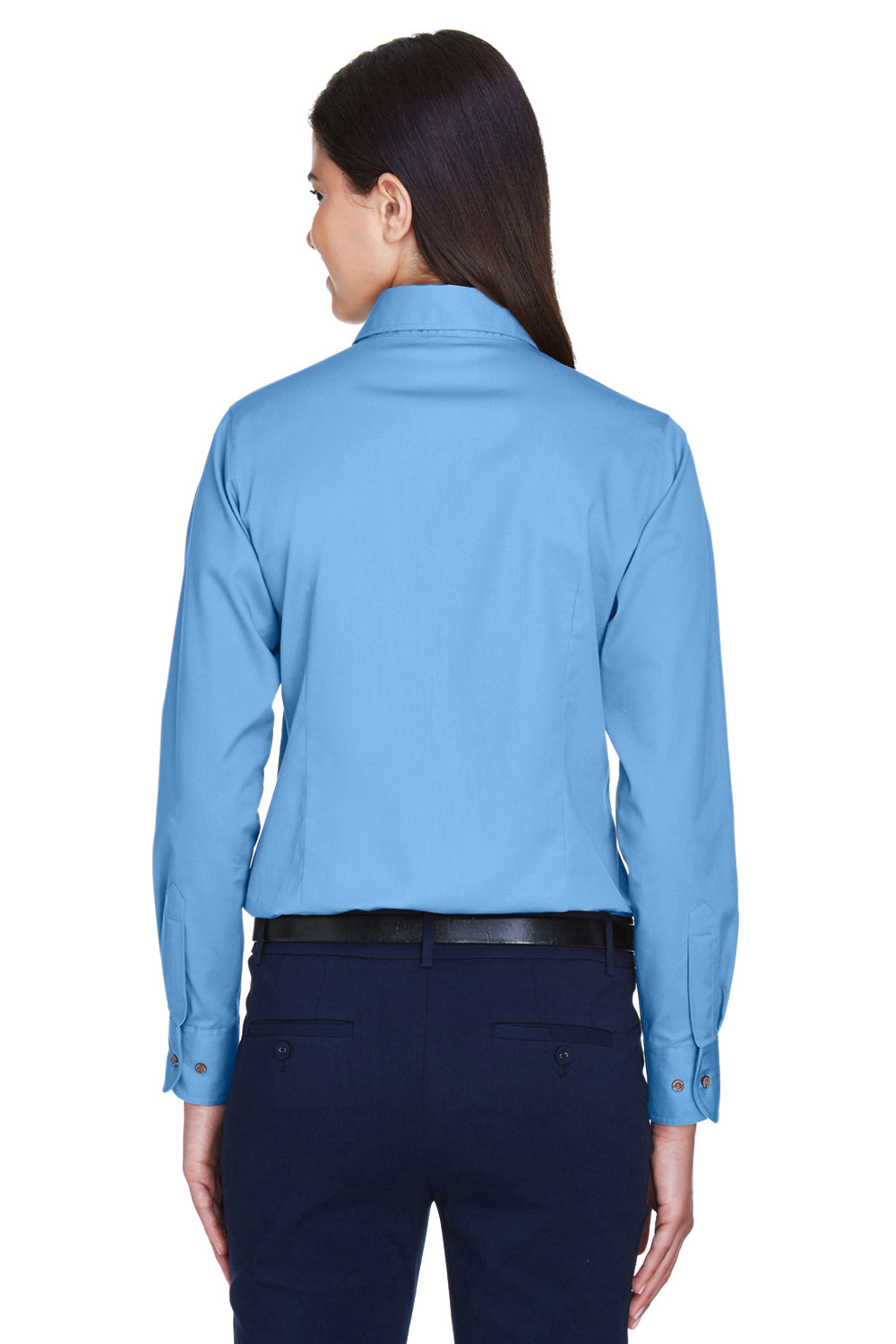 Harriton M500W Womens Wrinkle Resistant Long Sleeve Button Down Shirt Light College Blue Model Back