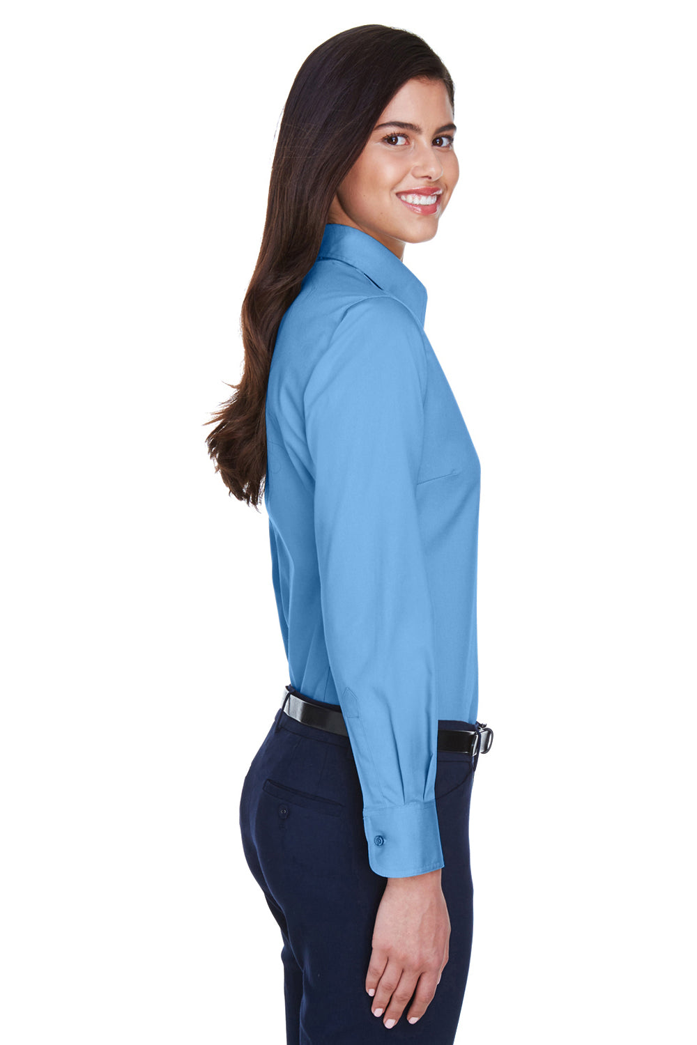 Harriton M500W Womens Wrinkle Resistant Long Sleeve Button Down Shirt Light College Blue Model Side