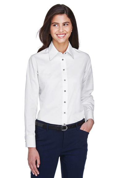 Harriton M500W Womens Wrinkle Resistant Long Sleeve Button Down Shirt White Model Front