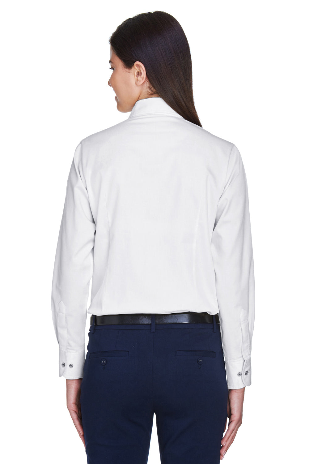 Harriton M500W Womens Wrinkle Resistant Long Sleeve Button Down Shirt White Model Back