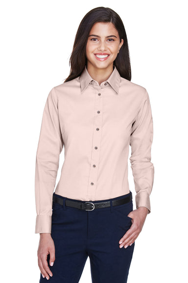 Harriton M500W Womens Wrinkle Resistant Long Sleeve Button Down Shirt Blush Pink Model Front