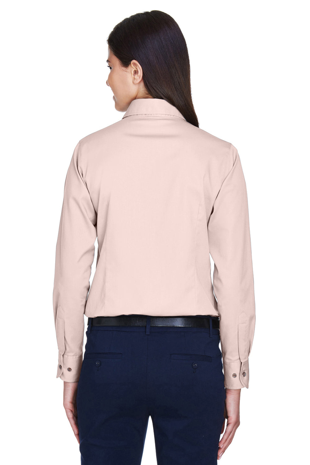 Harriton M500W Womens Wrinkle Resistant Long Sleeve Button Down Shirt Blush Pink Model Back