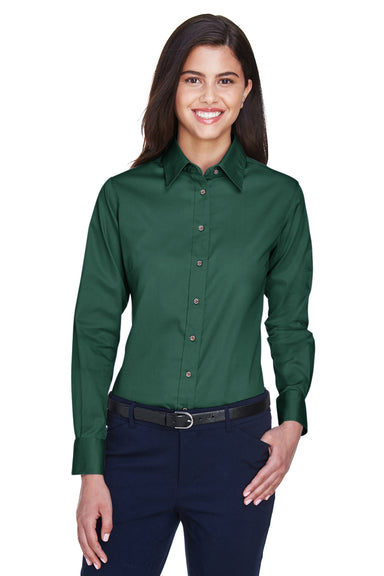 Harriton M500W Womens Wrinkle Resistant Long Sleeve Button Down Shirt Hunter Green Model Front