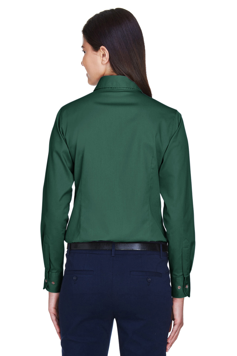 Harriton M500W Womens Wrinkle Resistant Long Sleeve Button Down Shirt Hunter Green Model Back