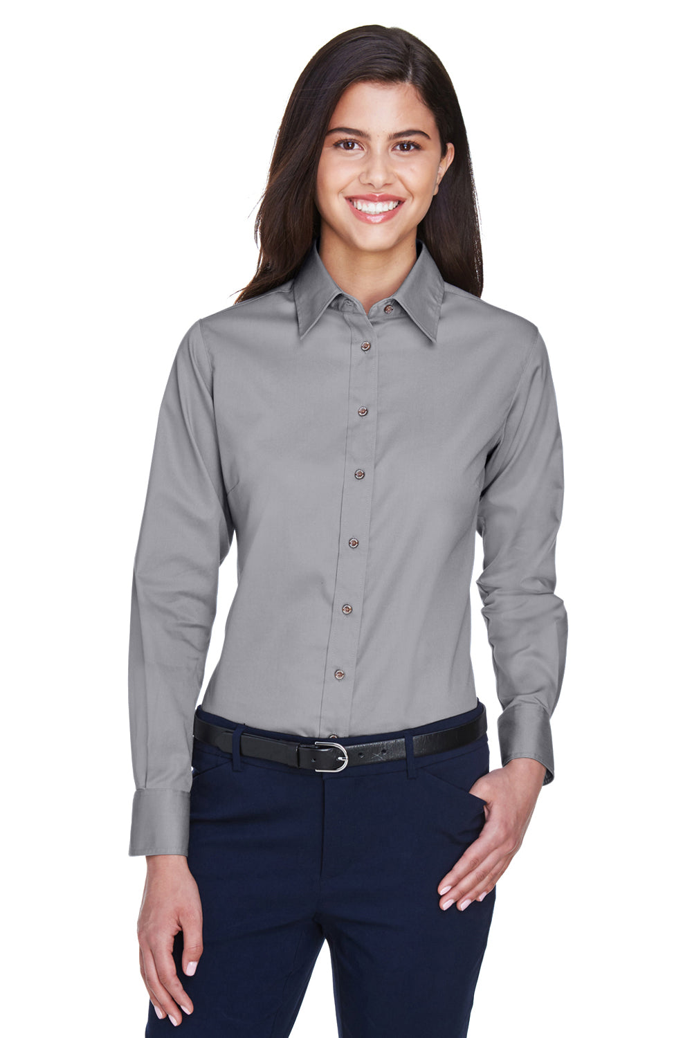 Harriton M500W Womens Wrinkle Resistant Long Sleeve Button Down Shirt Dark Grey Model Front