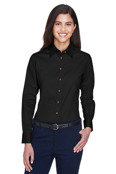 Harriton M500W Womens Wrinkle Resistant Long Sleeve Button Down Shirt Black Model Front