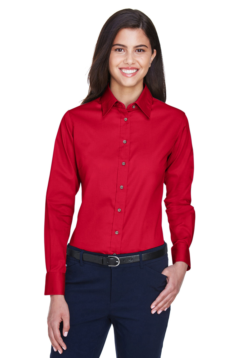 Harriton M500W Womens Wrinkle Resistant Long Sleeve Button Down Shirt Red Model Front