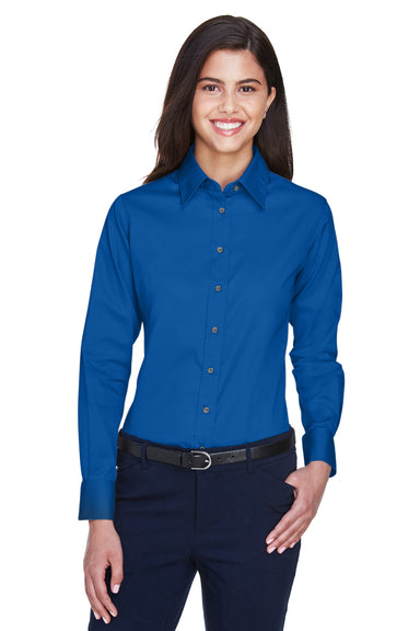 Harriton M500W Womens Wrinkle Resistant Long Sleeve Button Down Shirt French Blue Model Front