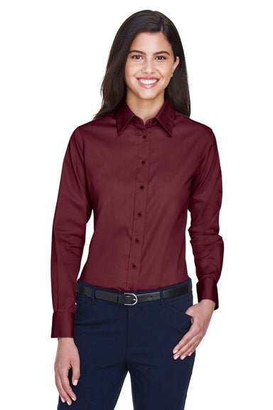 Harriton M500W Womens Wrinkle Resistant Long Sleeve Button Down Shirt Wine Model Front