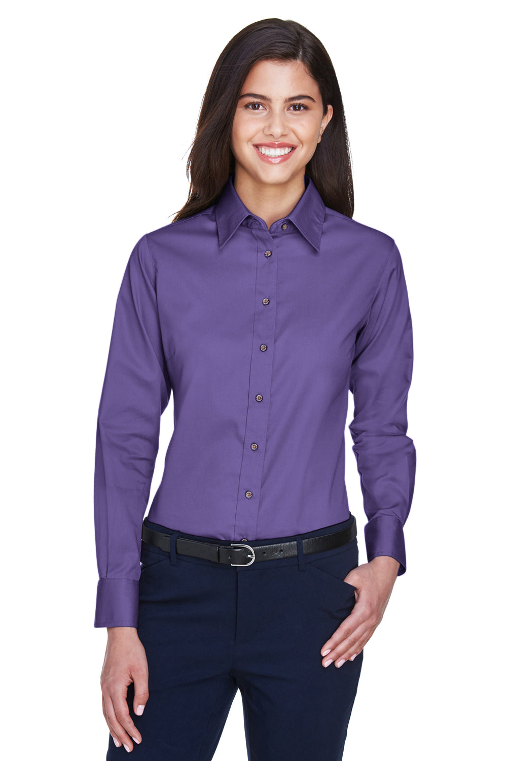 Harriton M500W Womens Wrinkle Resistant Long Sleeve Button Down Shirt Team Purple Model Front