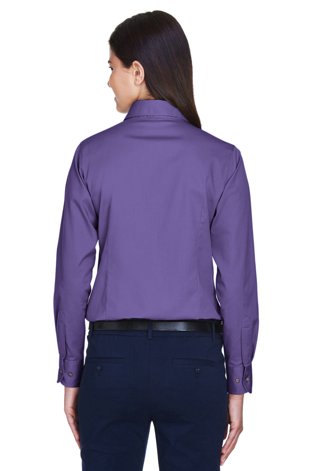 Harriton M500W Womens Wrinkle Resistant Long Sleeve Button Down Shirt Team Purple Model Back