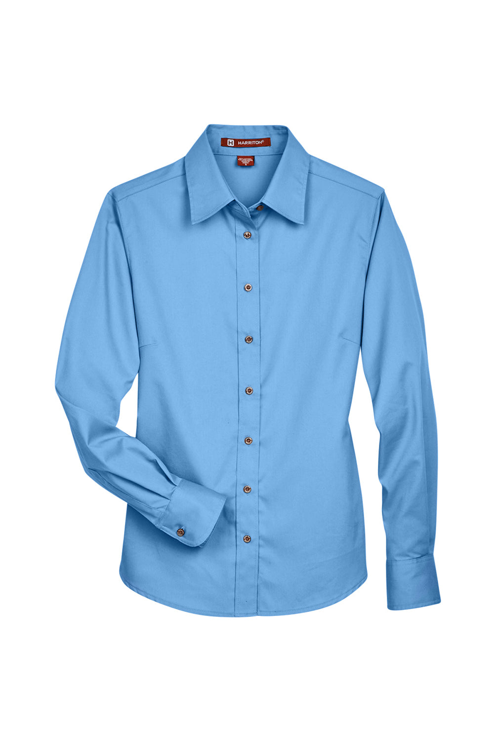 Harriton M500W Womens Wrinkle Resistant Long Sleeve Button Down Shirt Light College Blue Flat Front