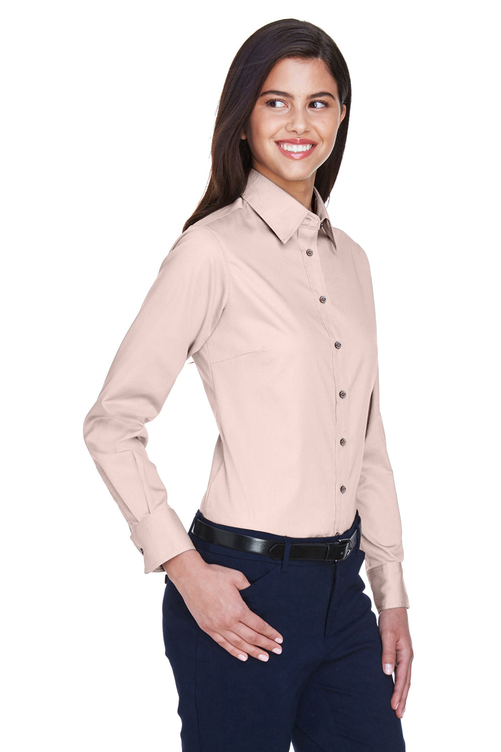 Harriton M500W Womens Wrinkle Resistant Long Sleeve Button Down Shirt Blush Pink Model 3q