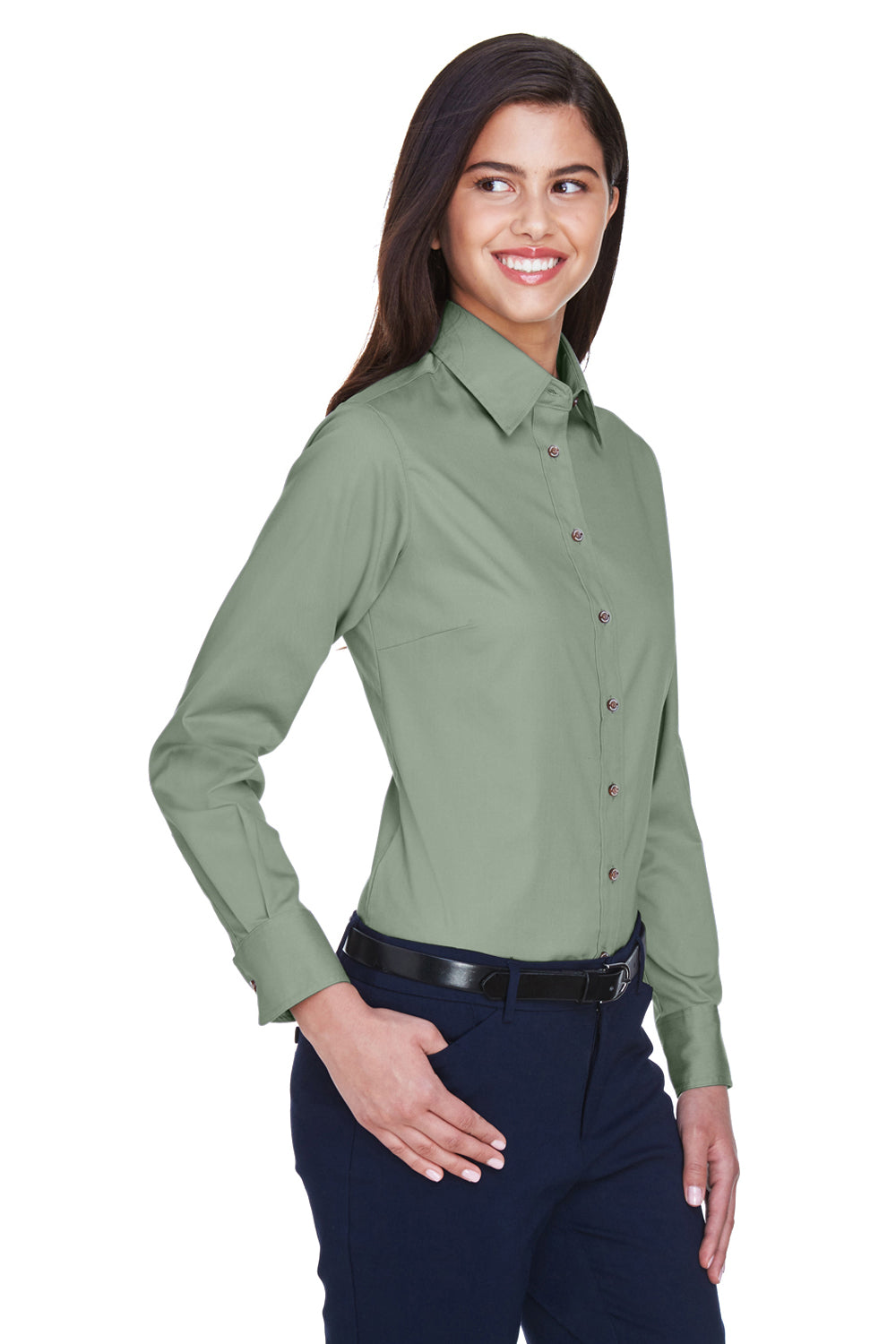 Harriton M500W Womens Wrinkle Resistant Long Sleeve Button Down Shirt Dill Green Model 3q