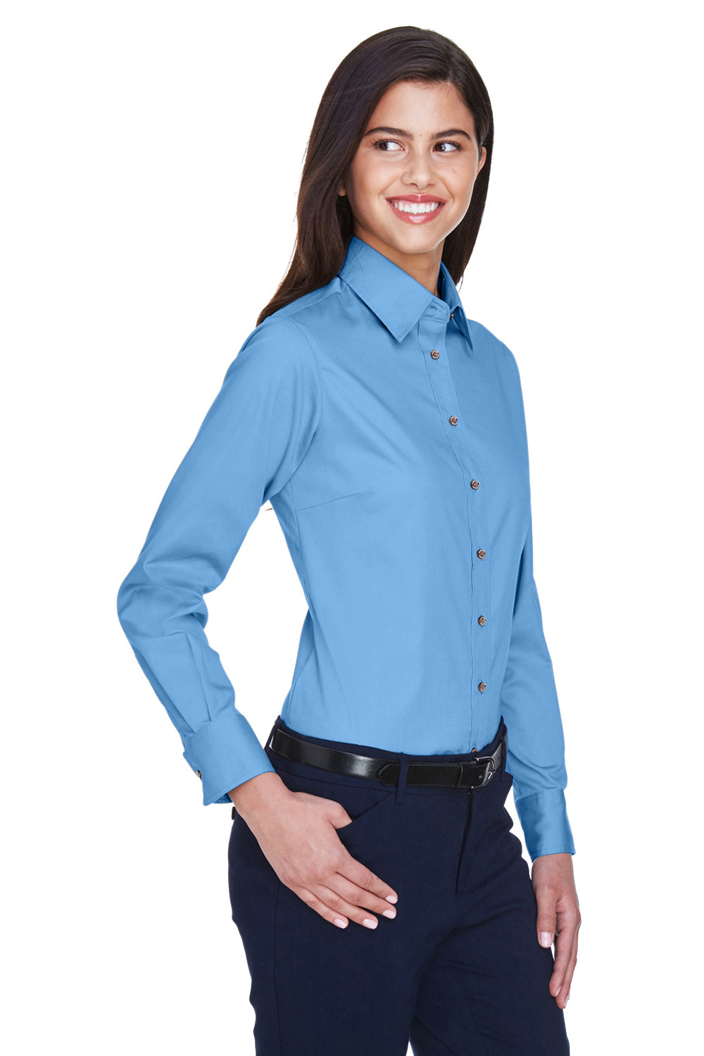 Harriton M500W Womens Wrinkle Resistant Long Sleeve Button Down Shirt Light College Blue Model 3q