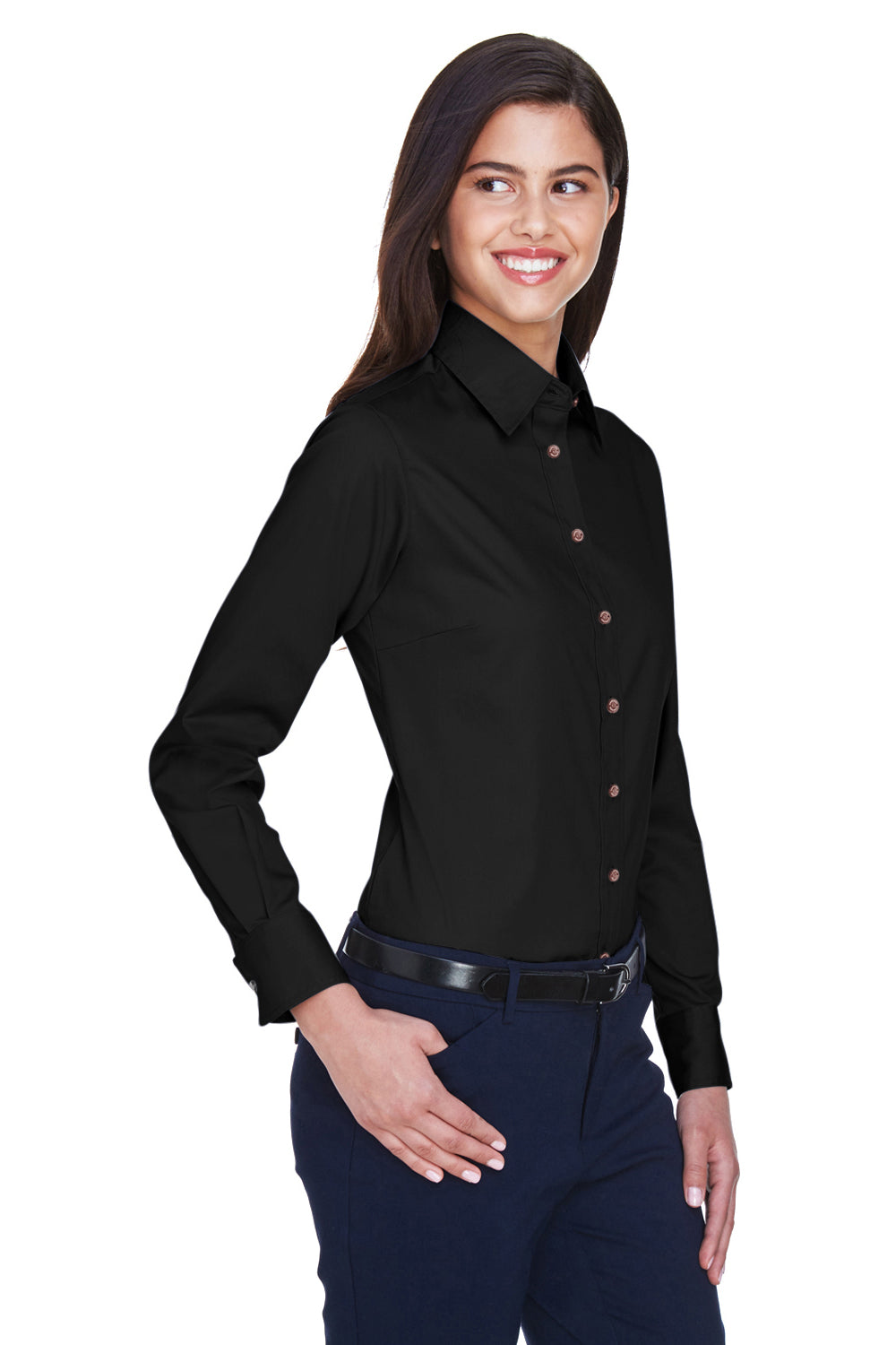 Harriton M500W Womens Wrinkle Resistant Long Sleeve Button Down Shirt Black Model 3q