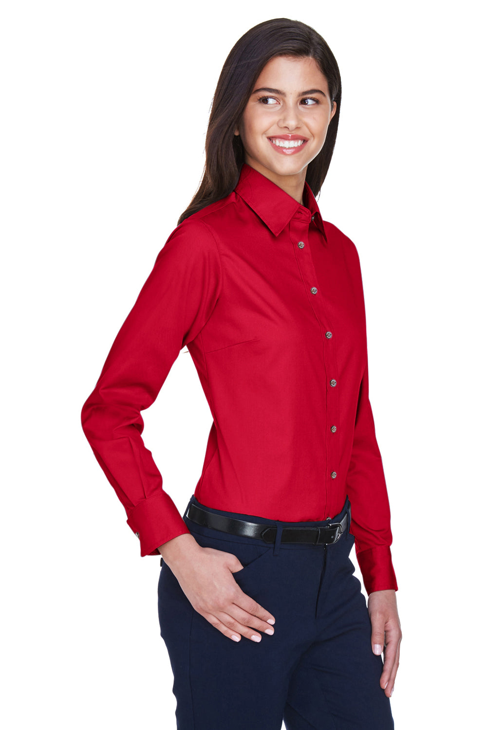 Harriton M500W Womens Wrinkle Resistant Long Sleeve Button Down Shirt Red Model 3q