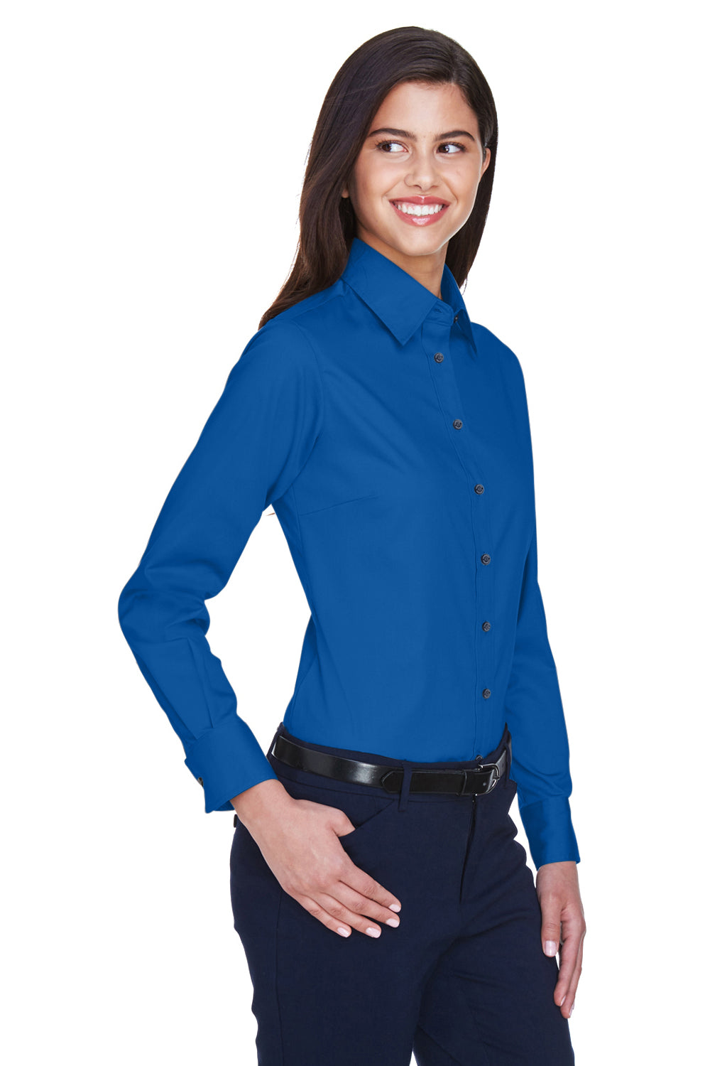 Harriton M500W Womens Wrinkle Resistant Long Sleeve Button Down Shirt French Blue Model 3q