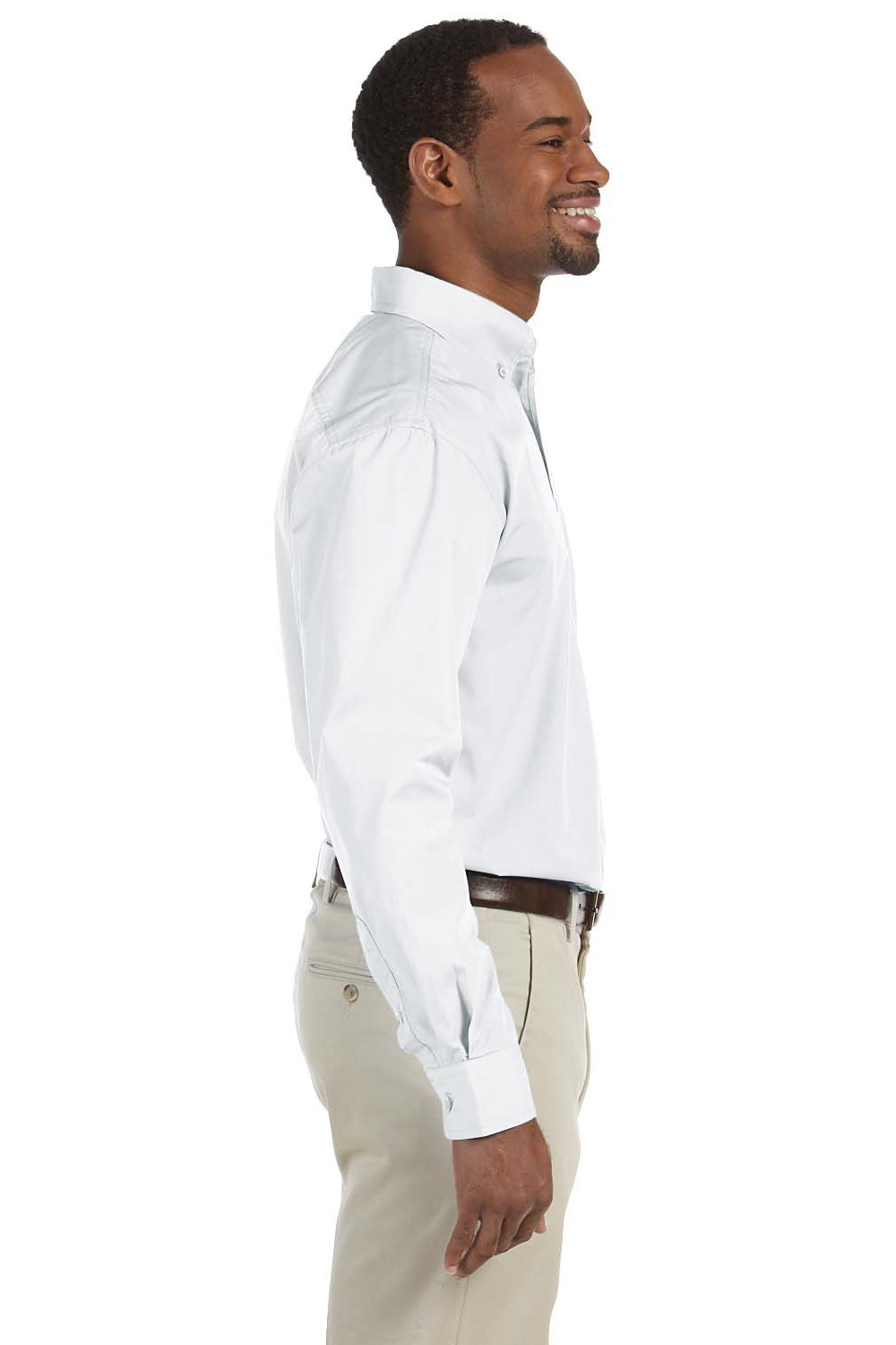 Harriton M510/M510T Mens Essential Long Sleeve Button Down Shirt w/ Pocket White Model Side