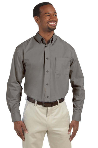 Harriton M510/M510T Mens Essential Long Sleeve Button Down Shirt w/ Pocket Dark Grey Model Front