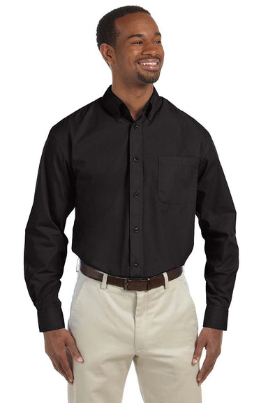 Harriton M510/M510T Mens Essential Long Sleeve Button Down Shirt w/ Pocket Black Model Front