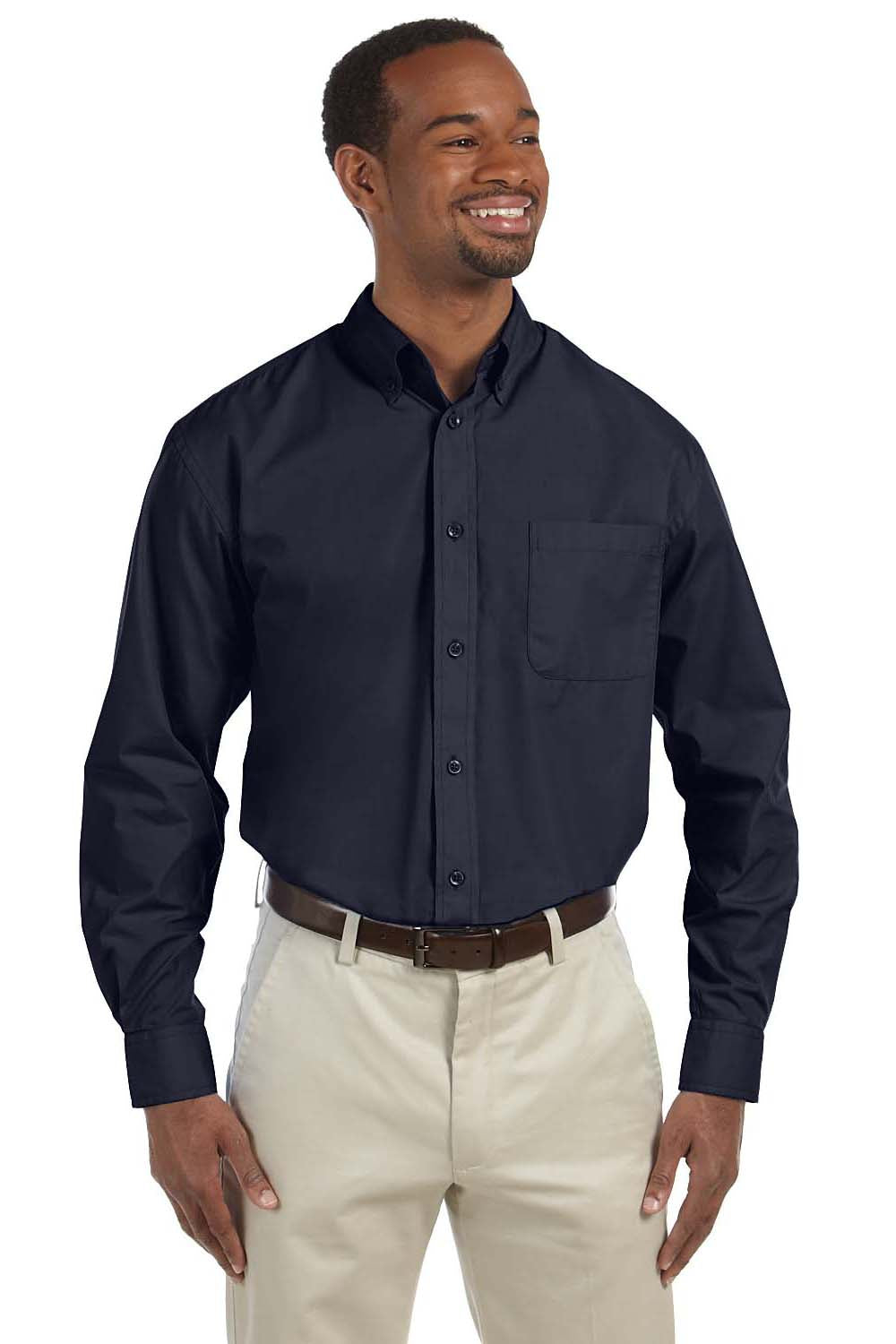 Harriton M510/M510T Mens Essential Long Sleeve Button Down Shirt w/ Pocket Navy Blue Model Front