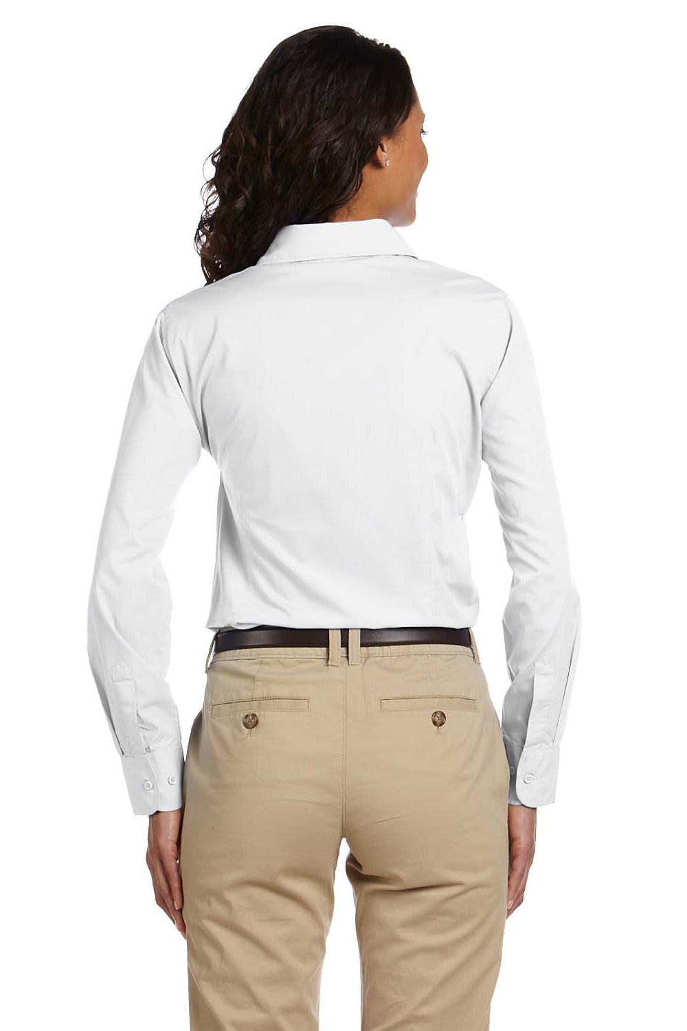 Harriton M510W Womens Essential Long Sleeve Button Down Shirt White Model Back