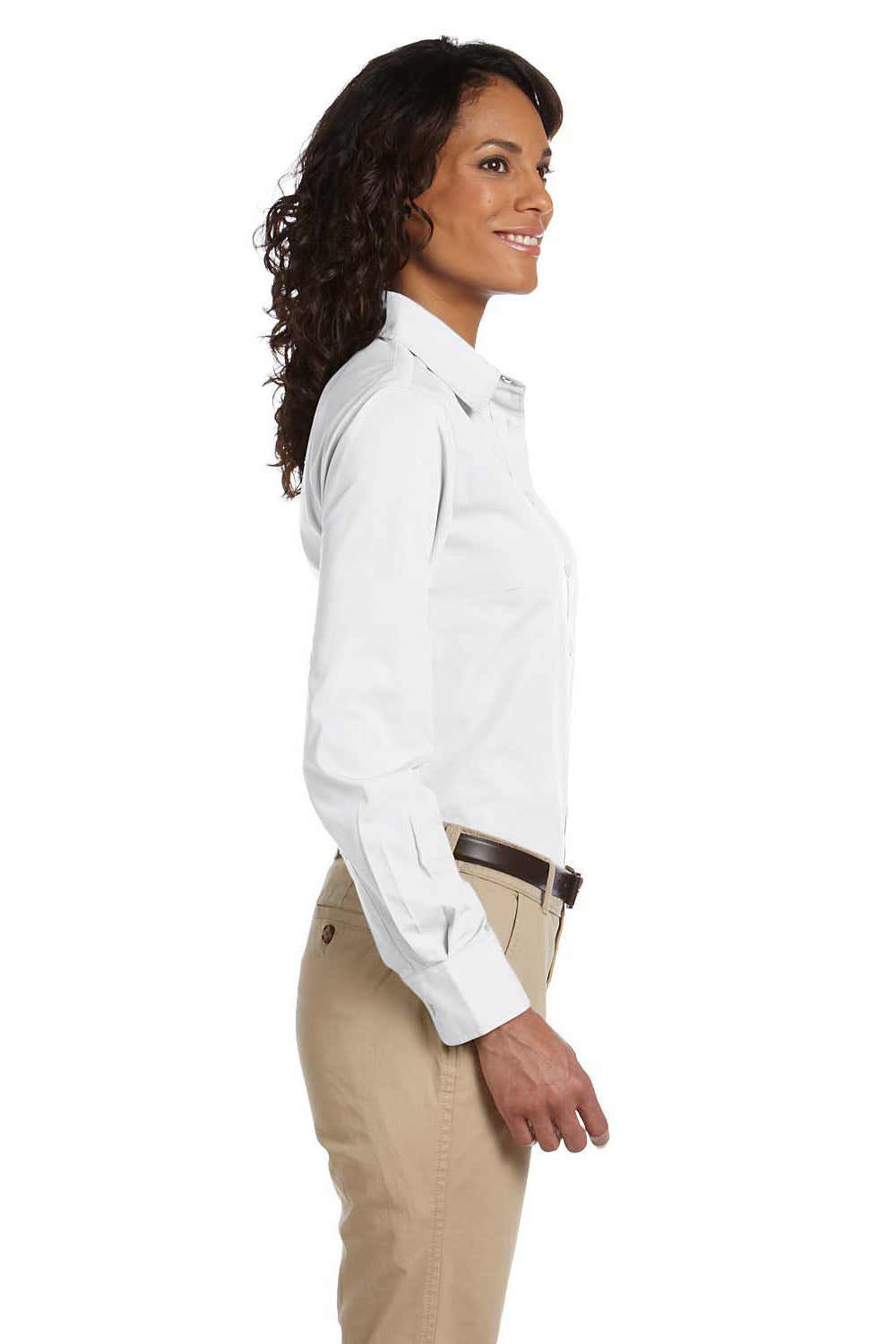 Harriton M510W Womens Essential Long Sleeve Button Down Shirt White Model Side