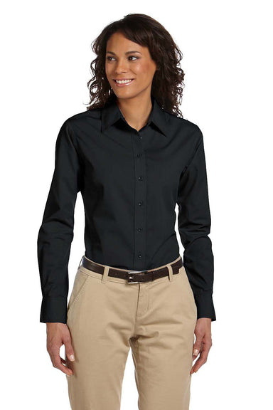 Harriton M510W Womens Essential Long Sleeve Button Down Shirt Black Model Front