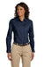 Harriton M510W Womens Essential Long Sleeve Button Down Shirt Navy Blue Model Front