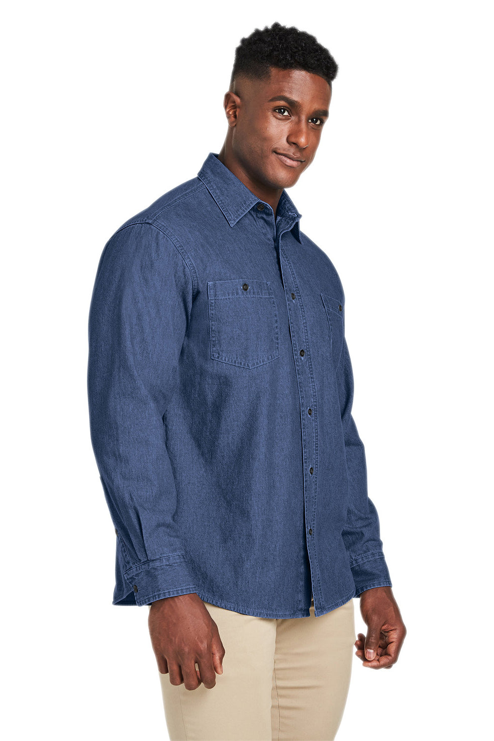 Harriton M540 Mens Button Down Denim Shirt Jacket Dark Denim Blue Model 3q