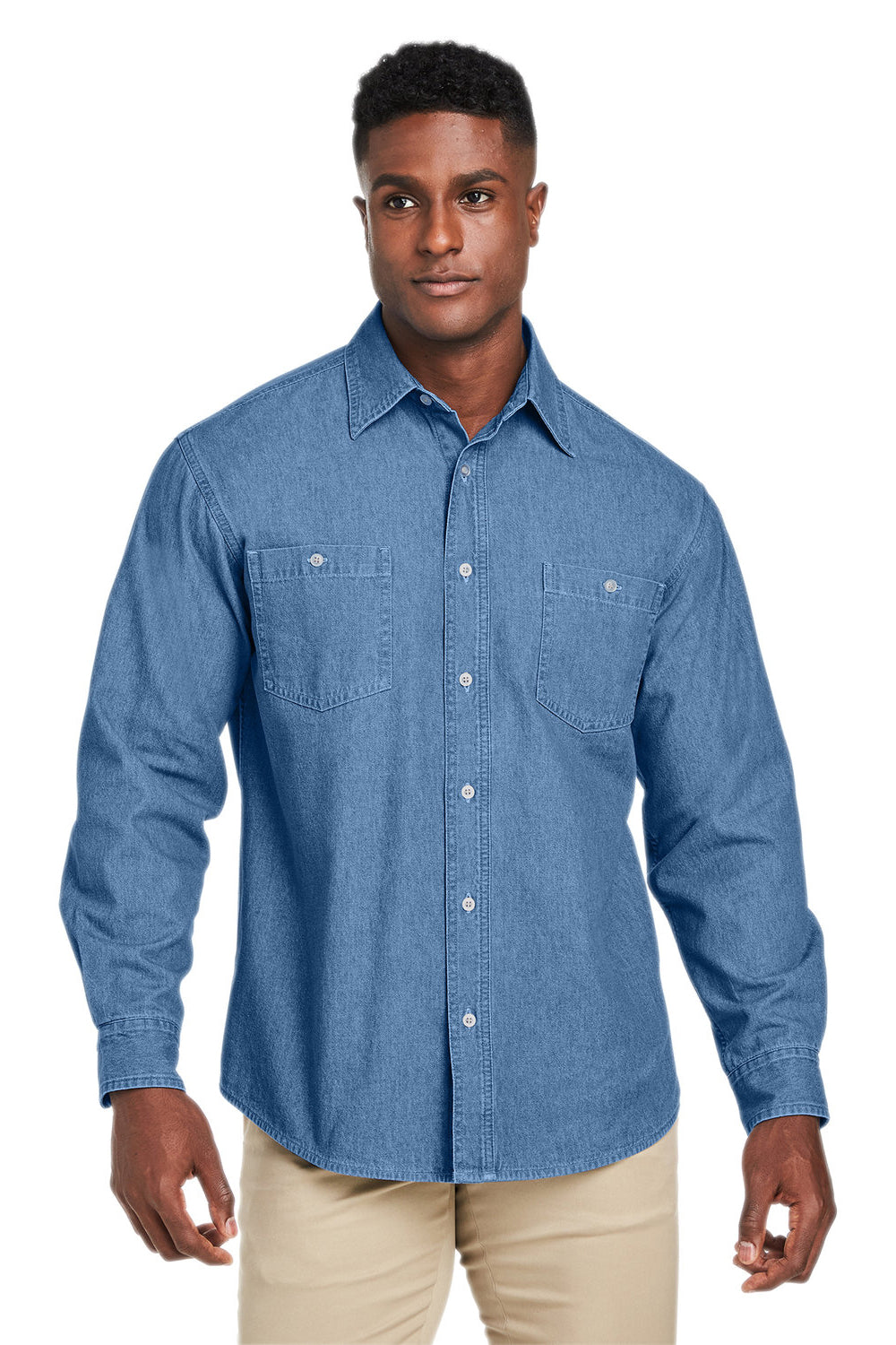 Harriton M540 Mens Button Down Denim Shirt Jacket Light Denim Blue Model Front