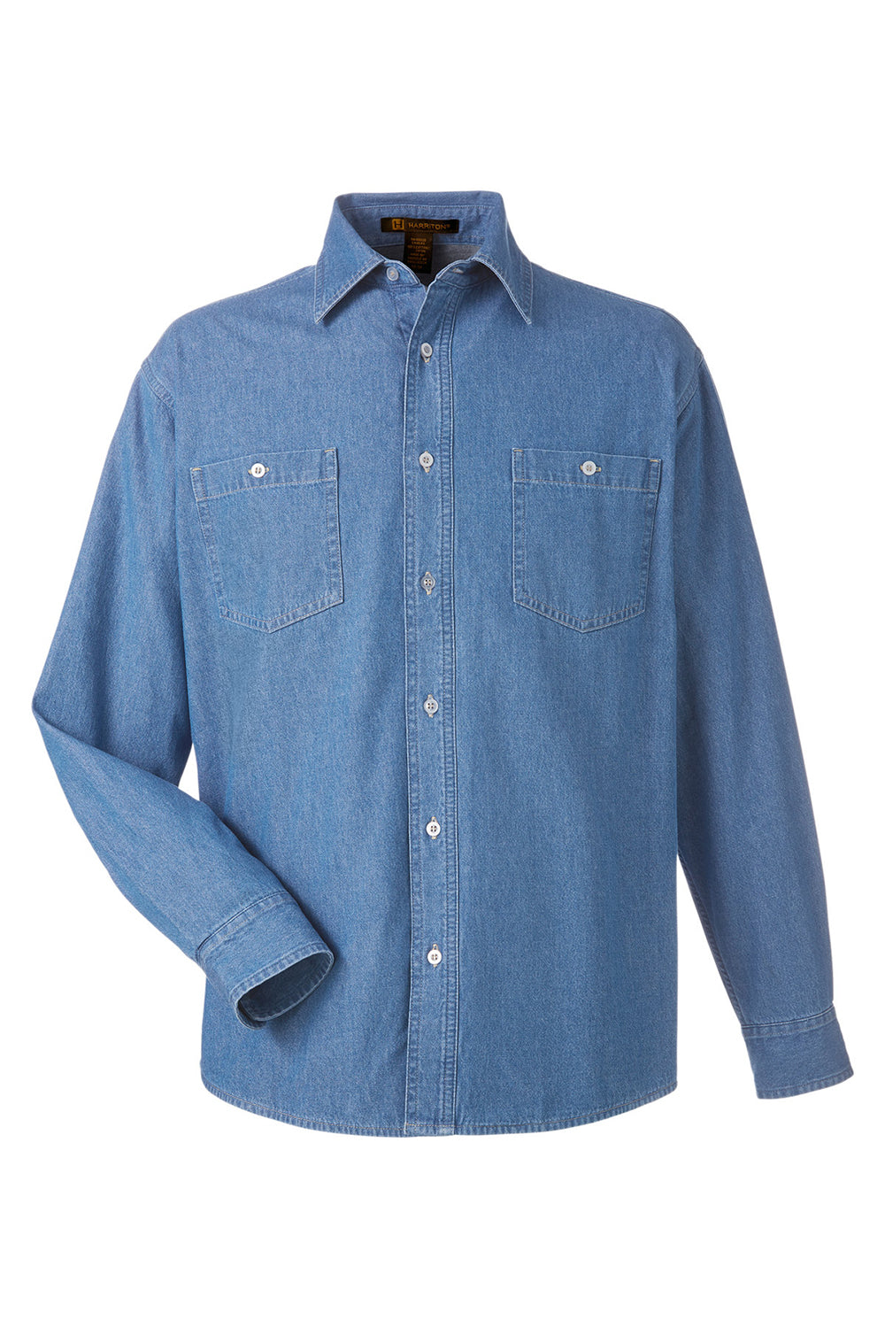 Harriton M540 Mens Button Down Denim Shirt Jacket Light Denim Blue Flat Front