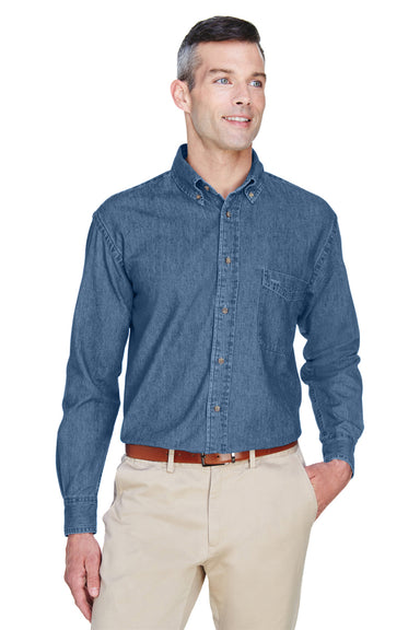 Harriton M550/M550T Mens Denim Long Sleeve Button Down Shirt w/ Pocket Light Denim Model Front