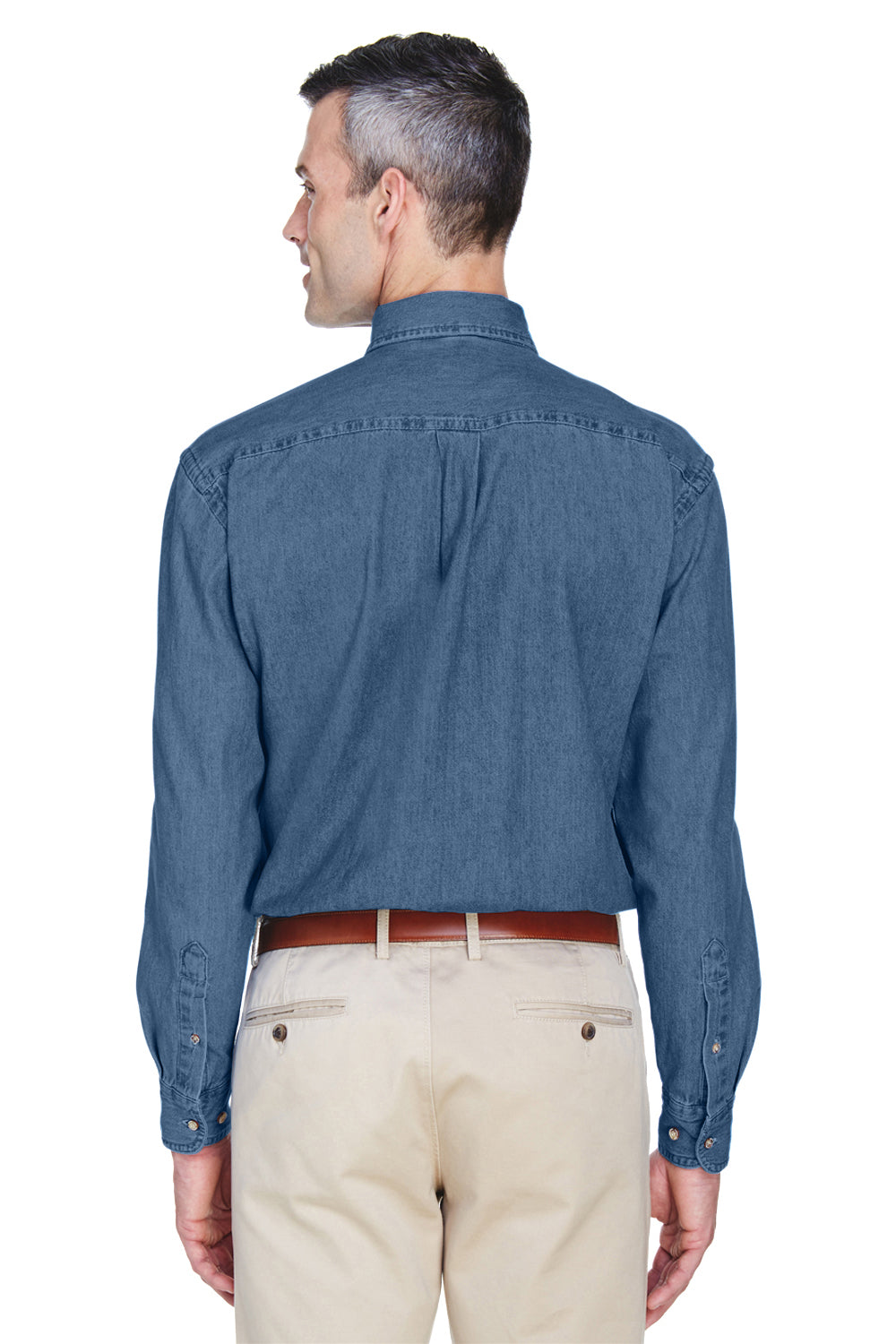 Harriton M550/M550T Mens Denim Long Sleeve Button Down Shirt w/ Pocket Light Denim Model Back