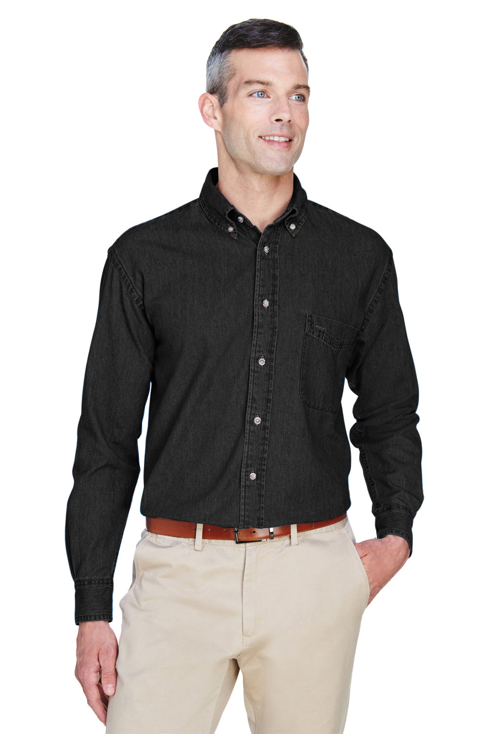 Harriton M550/M550T Mens Denim Long Sleeve Button Down Shirt w/ Pocket Washed Black Model Front