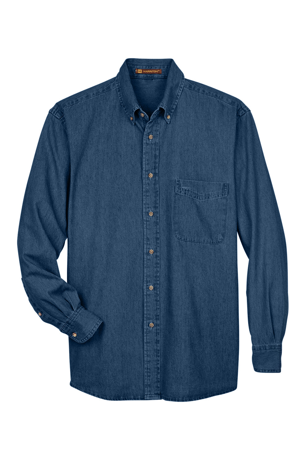 Harriton M550/M550T Mens Denim Long Sleeve Button Down Shirt w/ Pocket Dark Denim Flat Front