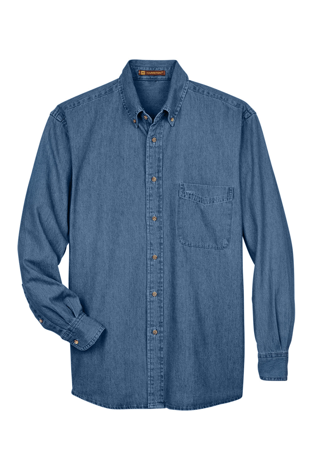 Harriton M550/M550T Mens Denim Long Sleeve Button Down Shirt w/ Pocket Light Denim Flat Front