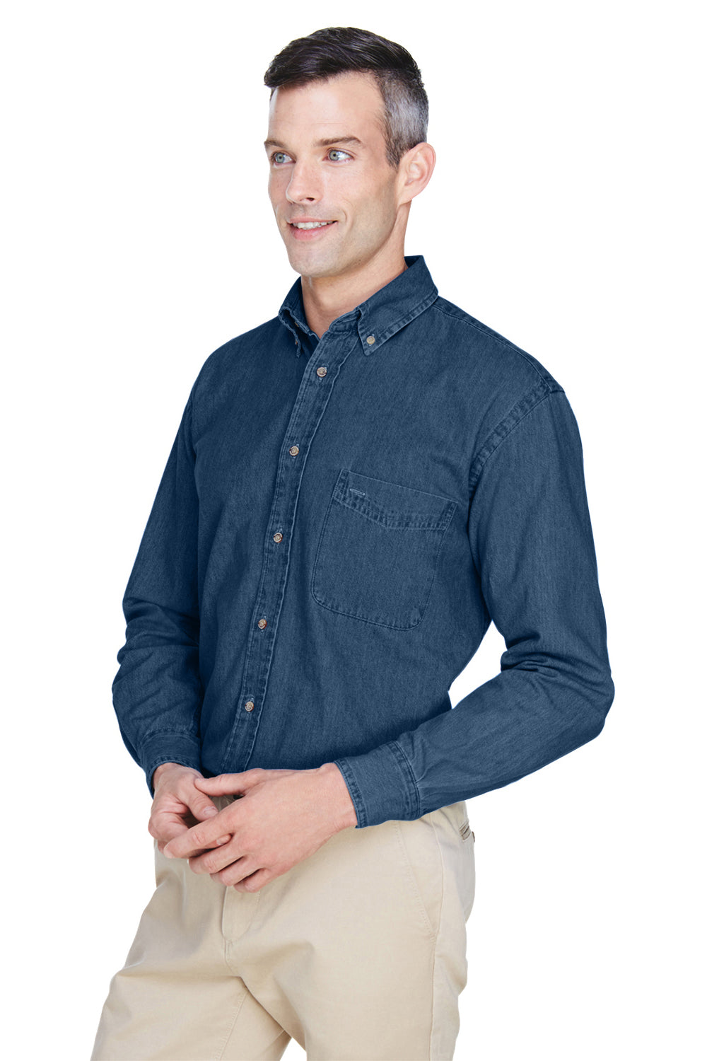 Harriton M550/M550T Mens Denim Long Sleeve Button Down Shirt w/ Pocket Dark Denim Model 3q