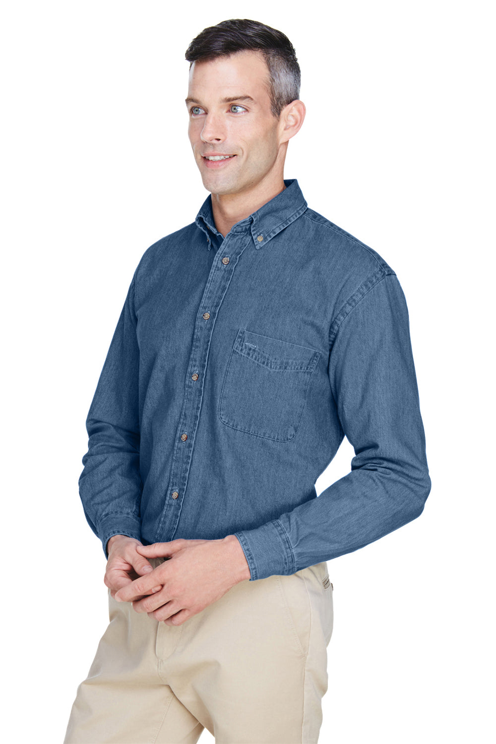 Harriton M550/M550T Mens Denim Long Sleeve Button Down Shirt w/ Pocket Light Denim Model 3q