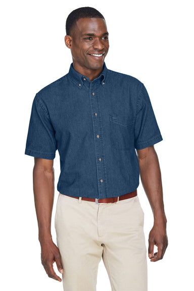 Harriton M550S Mens Denim Short Sleeve Button Down Shirt w/ Pocket Dark Denim Model Front