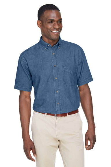 Harriton M550S Mens Denim Short Sleeve Button Down Shirt w/ Pocket Light Denim Model Front